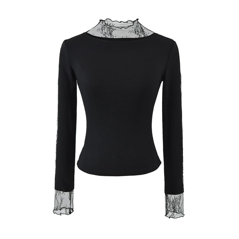Long Sleeve Mock Neck Lace Slim T-Shirt