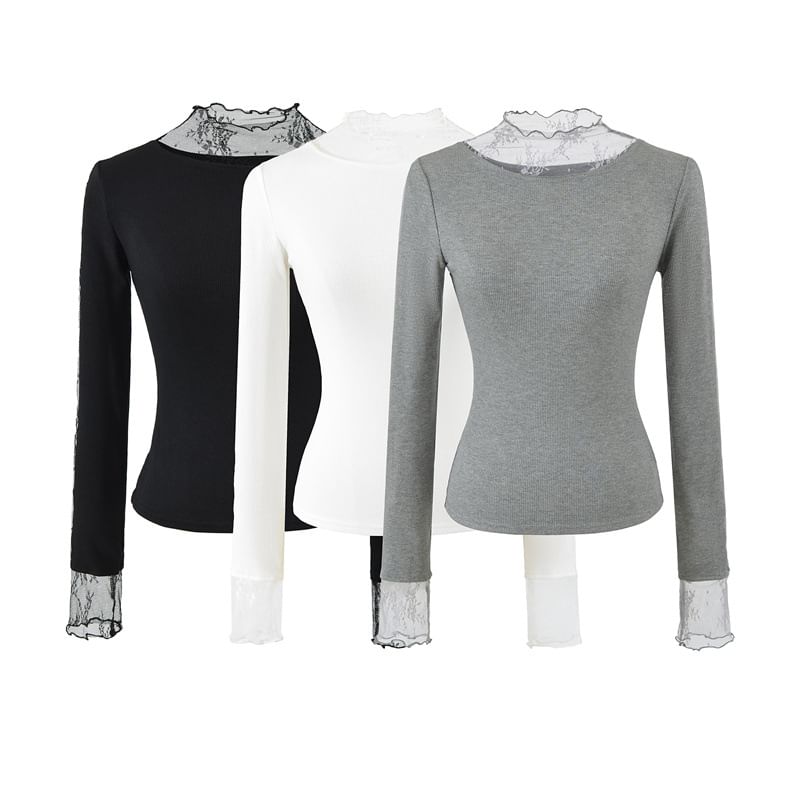 Long Sleeve Mock Neck Lace Slim T-Shirt