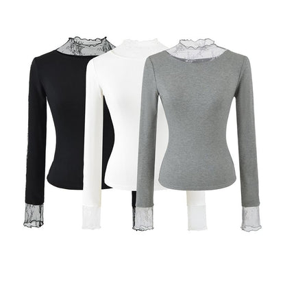 Long Sleeve Mock Neck Lace Slim T-Shirt
