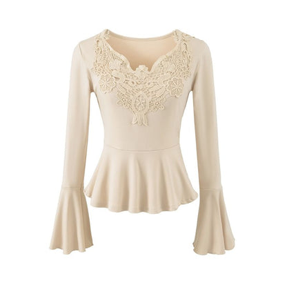 Long Sleeve V-Neck Lace Panel Peplum Tee