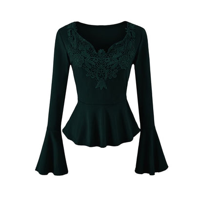 Long Sleeve V-Neck Lace Panel Peplum Tee