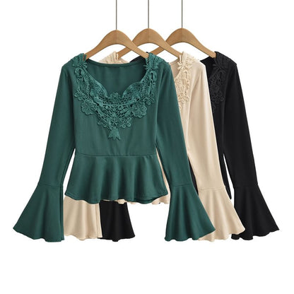 Long Sleeve V-Neck Lace Panel Peplum Tee