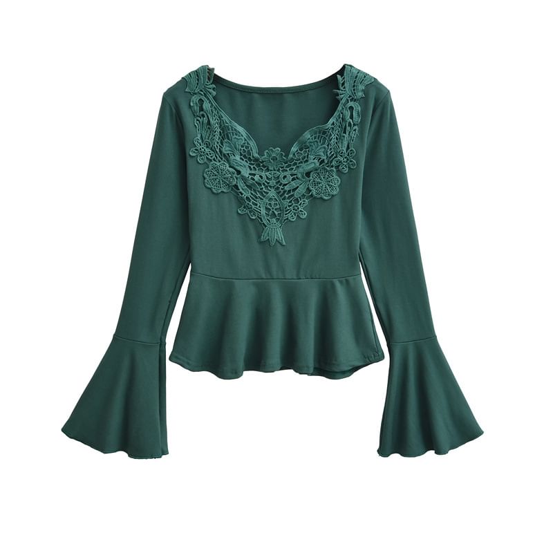 Long Sleeve V-Neck Lace Panel Peplum Tee