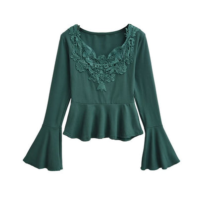 Long Sleeve V-Neck Lace Panel Peplum Tee