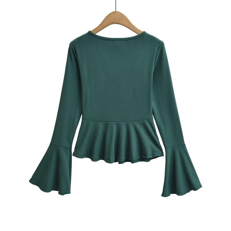 Long Sleeve V-Neck Lace Panel Peplum Tee