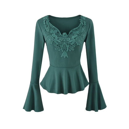 Long Sleeve V-Neck Lace Panel Peplum Tee