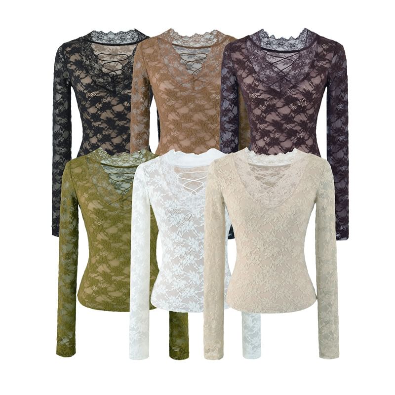 Long Sleeve V-Neck Lace Slim Crop Tee