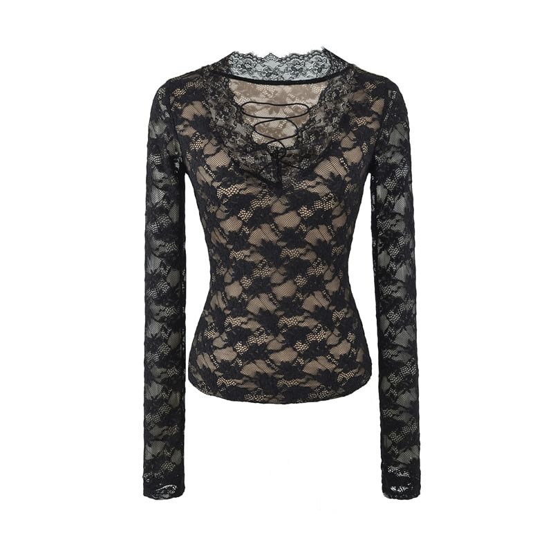 Long Sleeve V-Neck Lace Slim Crop Tee