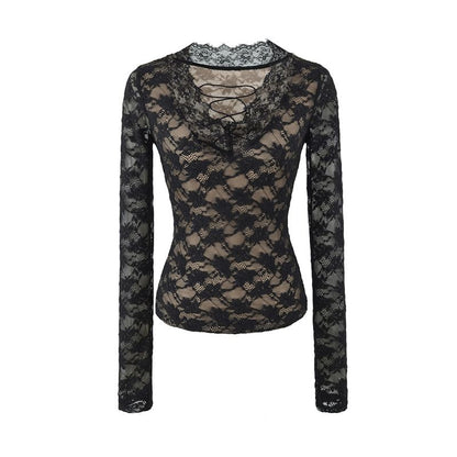 Long Sleeve V-Neck Lace Slim Crop Tee