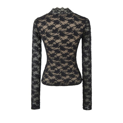 Long Sleeve V-Neck Lace Slim Crop Tee