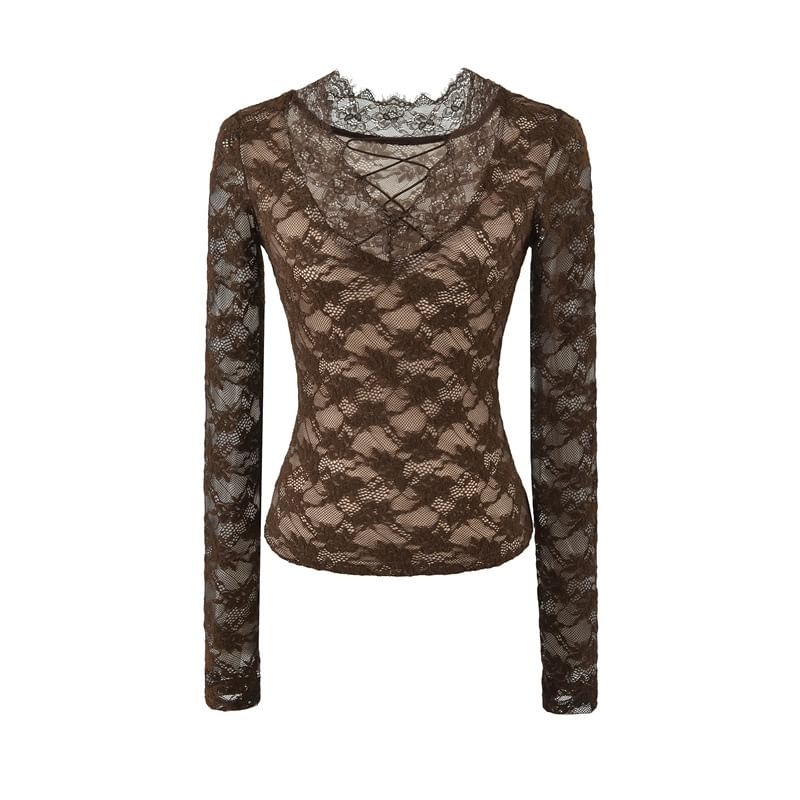 Long Sleeve V-Neck Lace Slim Crop Tee