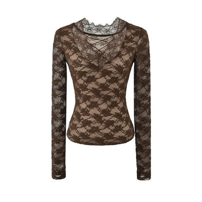 Long Sleeve V-Neck Lace Slim Crop Tee