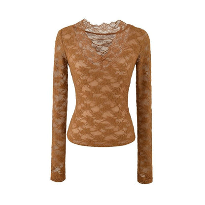 Long Sleeve V-Neck Lace Slim Crop Tee