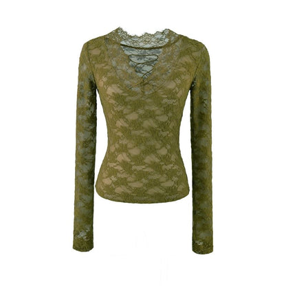 Long Sleeve V-Neck Lace Slim Crop Tee