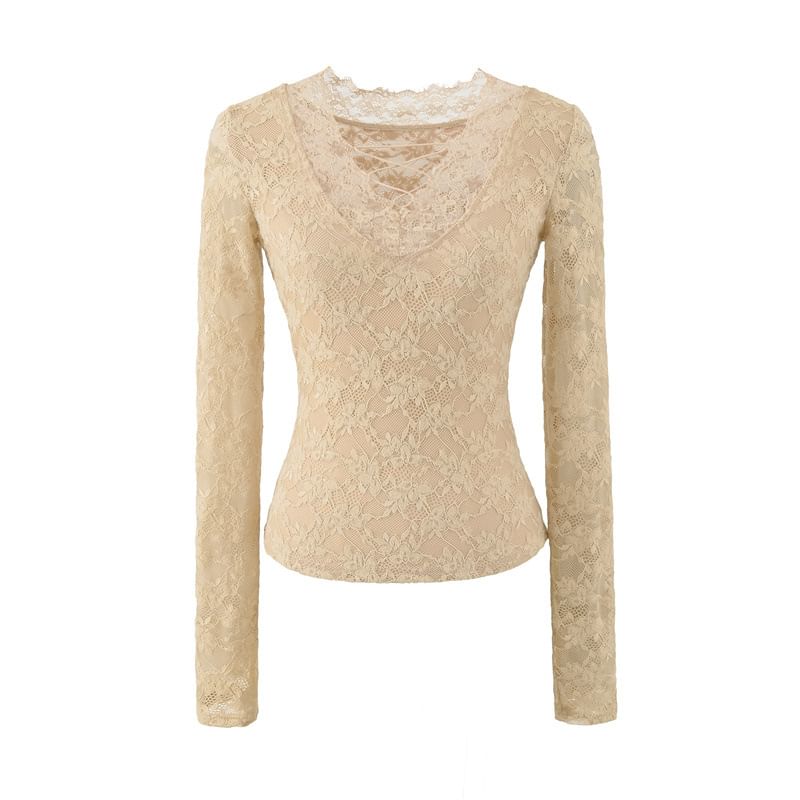 Long Sleeve V-Neck Lace Slim Crop Tee