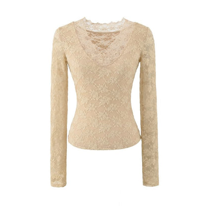 Long Sleeve V-Neck Lace Slim Crop Tee