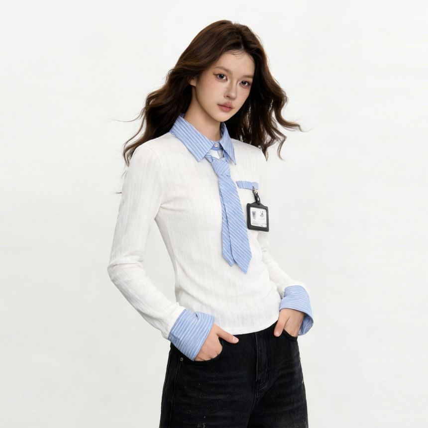 Striped Mock Neck Two-Piece Set with Necktie & Badge