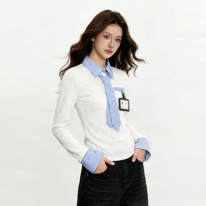 Striped Mock Neck Two-Piece Set with Necktie & Badge