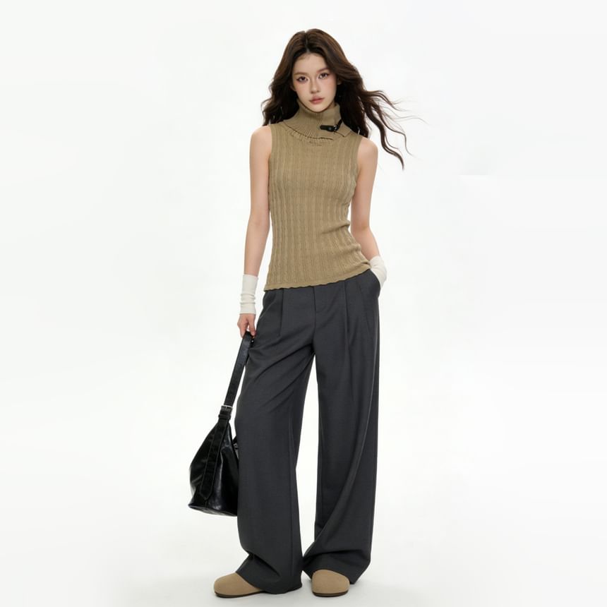 Sleeveless Turtleneck Solid Buckled Cable Knit Top
