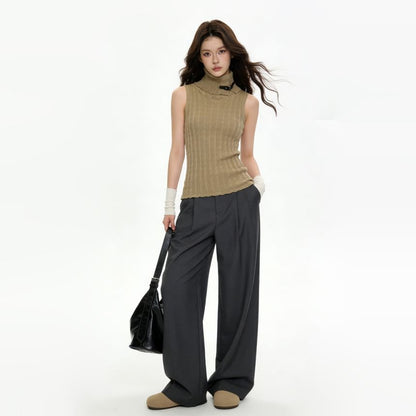 Sleeveless Turtleneck Solid Buckled Cable Knit Top