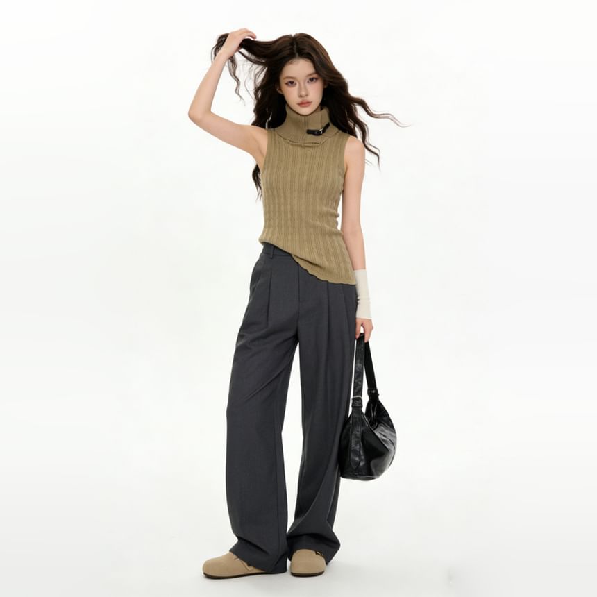 Sleeveless Turtleneck Solid Buckled Cable Knit Top