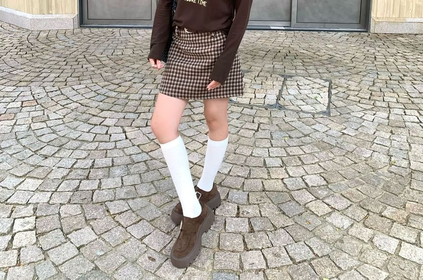 Plaid Mini A-Line Skirt with Mid Rise