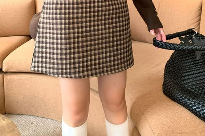 Plaid Mini A-Line Skirt with Mid Rise