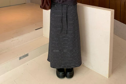 Striped Maxi A-Line Skirt with Mid Rise Waist
