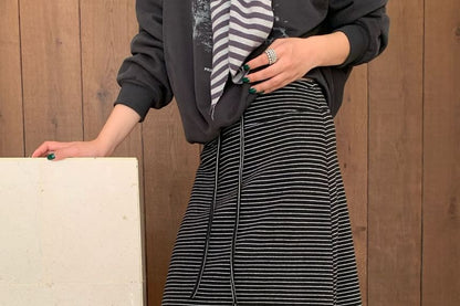 Striped Maxi A-Line Skirt with Mid Rise Waist
