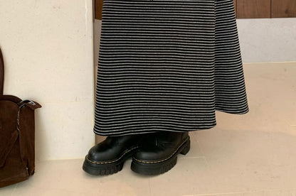 Striped Maxi A-Line Skirt with Mid Rise Waist