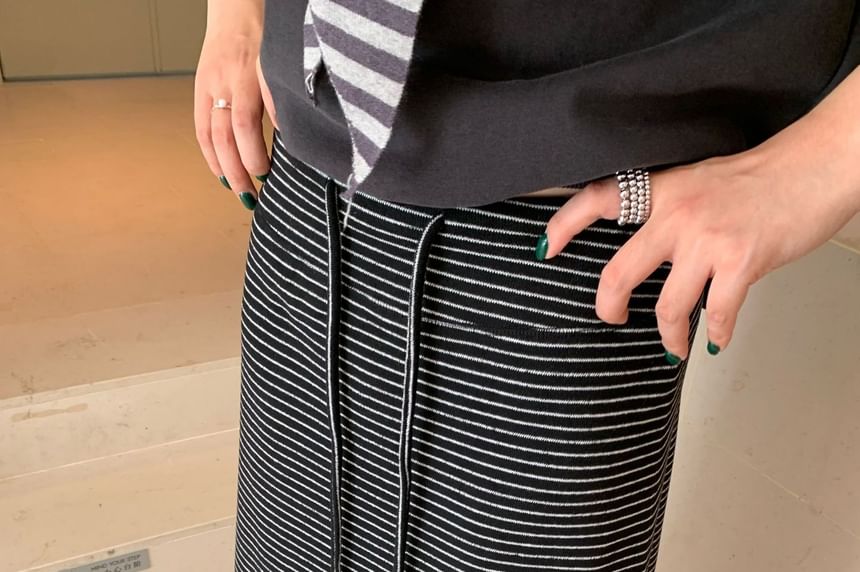Striped Maxi A-Line Skirt with Mid Rise Waist