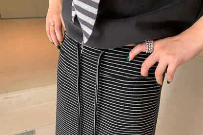 Striped Maxi A-Line Skirt with Mid Rise Waist