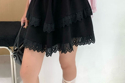 Elastic Waist Mini Skirt with Lace Trim and Tiered Layers