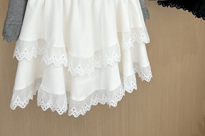 Elastic Waist Mini Skirt with Lace Trim and Tiered Layers