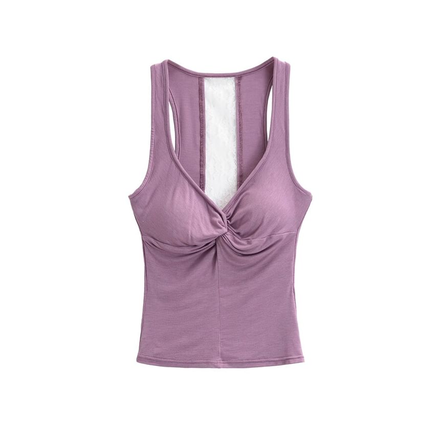 V-Neck Twist Padded Lace Tank Top