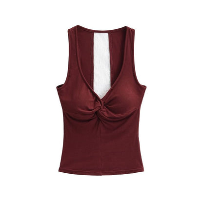 V-Neck Twist Padded Lace Tank Top