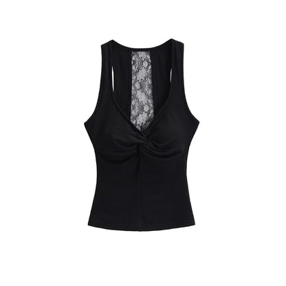 V-Neck Twist Padded Lace Tank Top