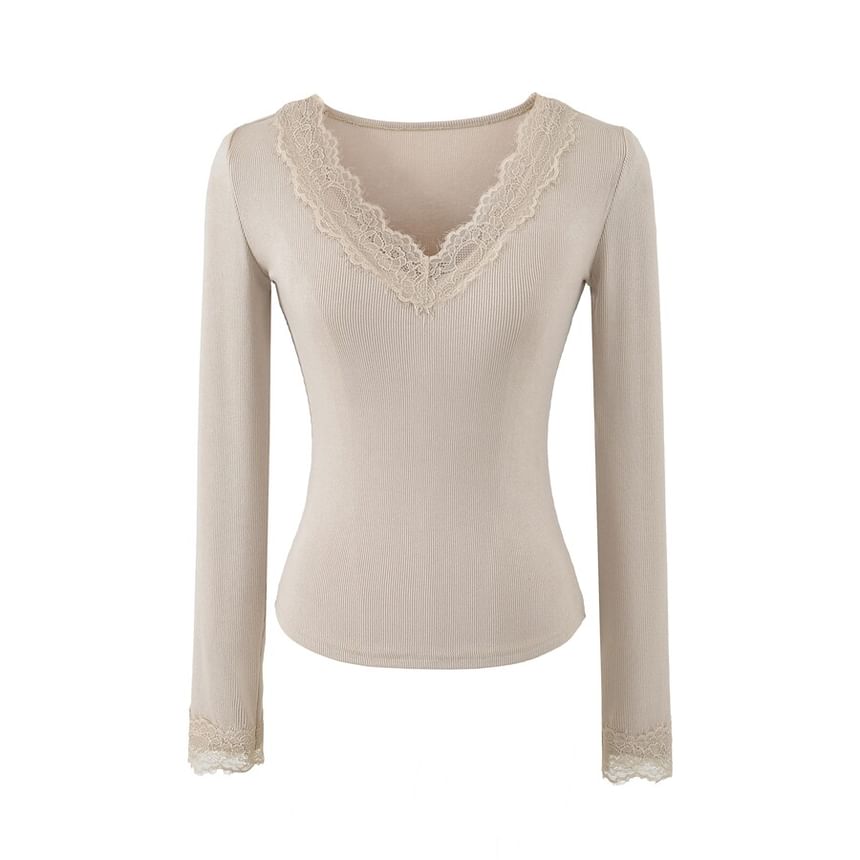 V-Neck Panel Lace Long-Sleeve Top