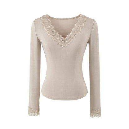 V-Neck Panel Lace Long-Sleeve Top