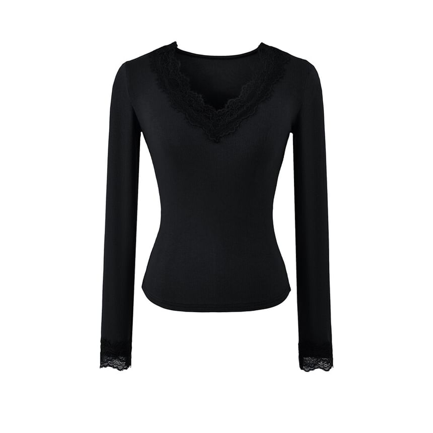 V-Neck Panel Lace Long-Sleeve Top