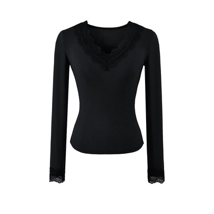 V-Neck Panel Lace Long-Sleeve Top