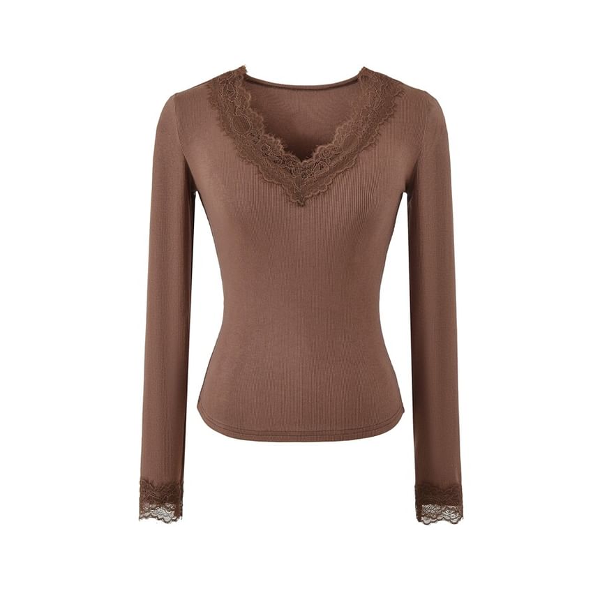 V-Neck Panel Lace Long-Sleeve Top