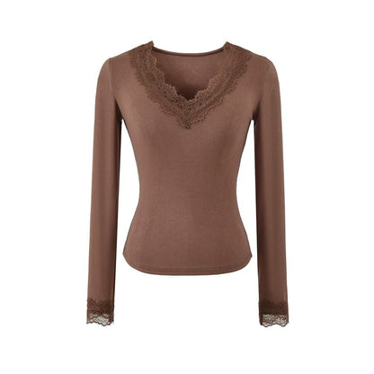 V-Neck Panel Lace Long-Sleeve Top