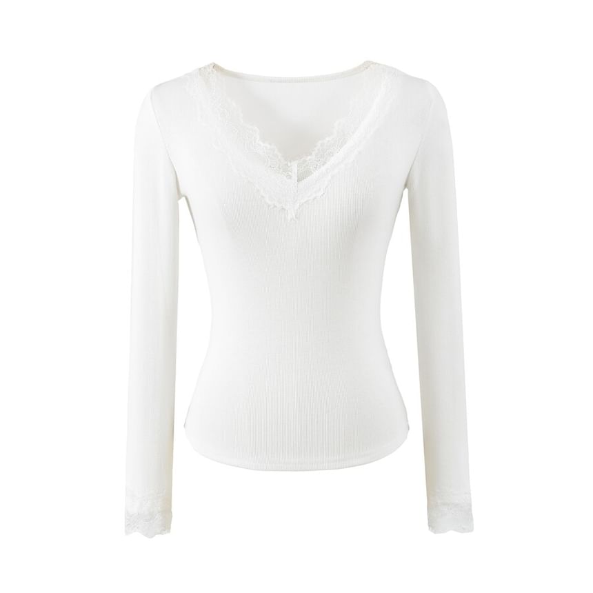 V-Neck Panel Lace Long-Sleeve Top