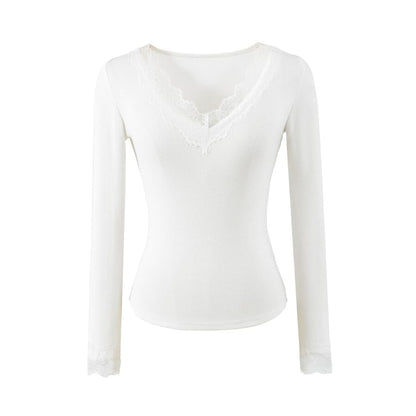 V-Neck Panel Lace Long-Sleeve Top
