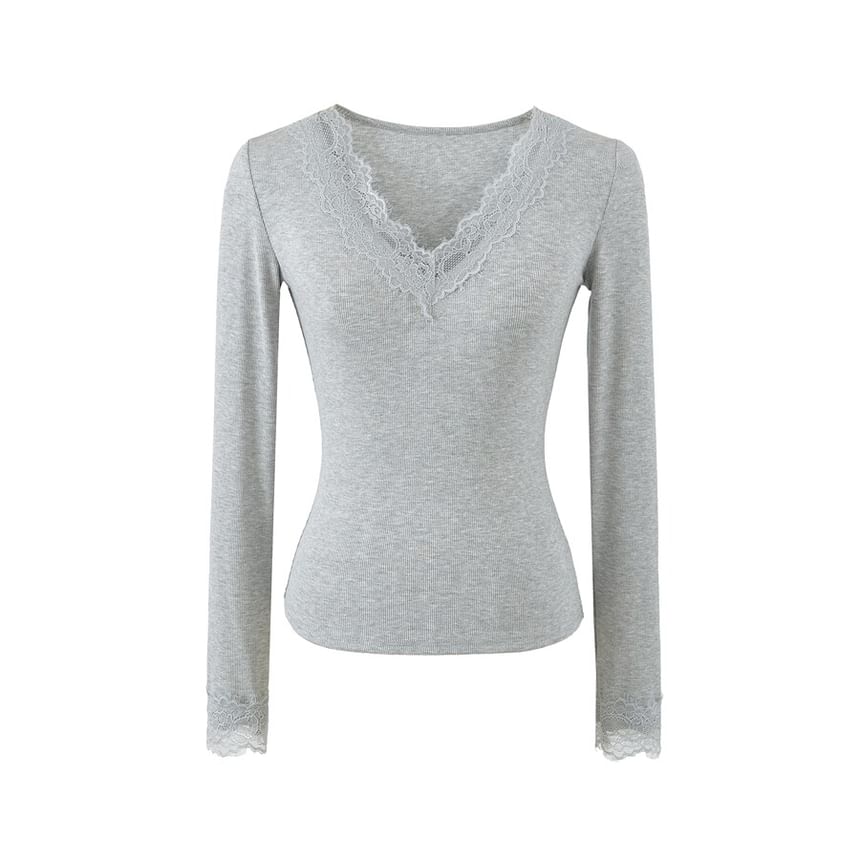 V-Neck Panel Lace Long-Sleeve Top