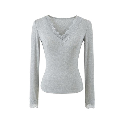 V-Neck Panel Lace Long-Sleeve Top