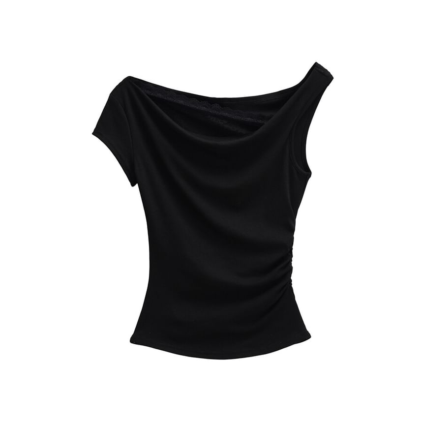 Cowl Neck Mock Two-Piece Ruched Lace Top