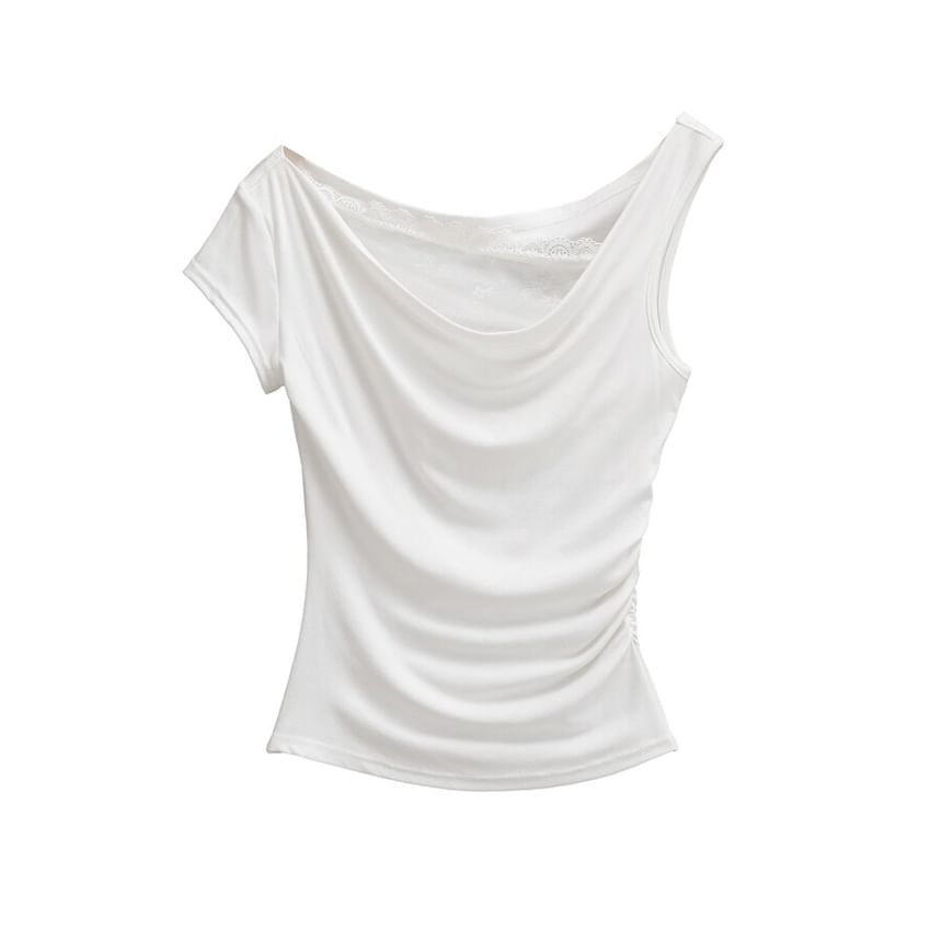Cowl Neck Mock Two-Piece Ruched Lace Top