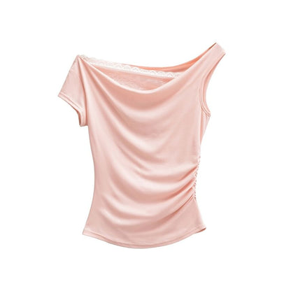 Cowl Neck Mock Two-Piece Ruched Lace Top